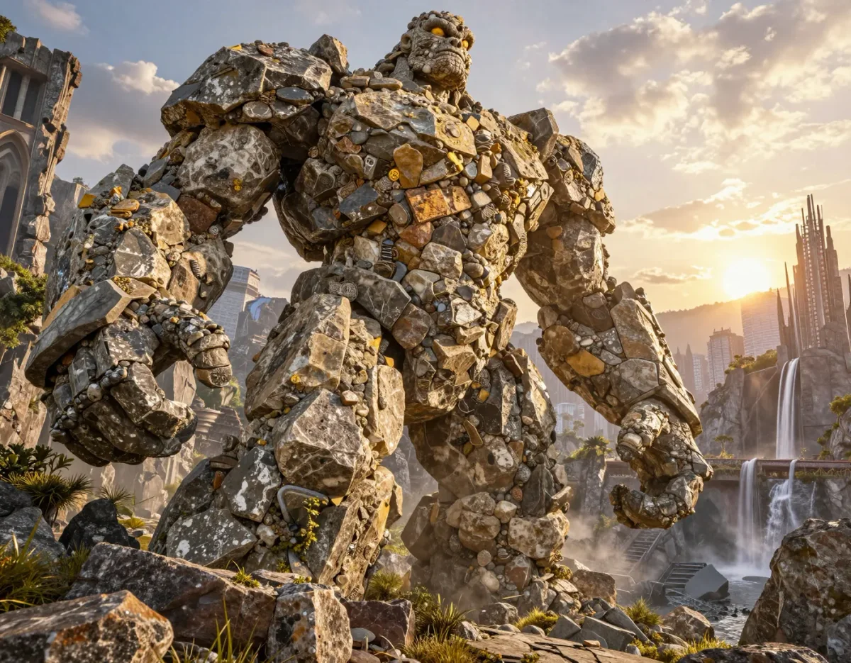 Giant made of broken stones — Giant made of broken stones. An imaginative character study with distinctive materials, expressive posture and cinematic lighting. Create a new…