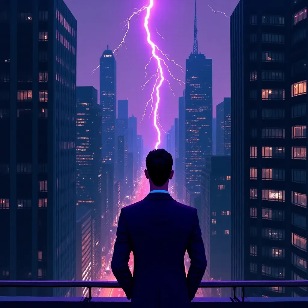 Purple lightning above a neon city — Purple lightning above a neon city. Expressive illustration, harmonious colors, a clear focal point and carefully arranged details. Create a…