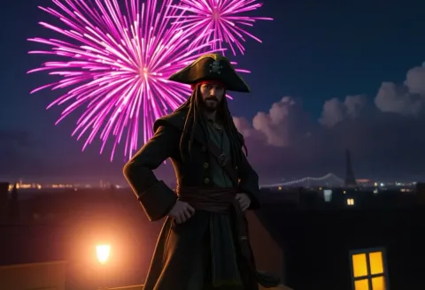 Pirate under pink fireworks — Pirate under pink fireworks. An imaginative character study with distinctive materials, expressive posture and cinematic lighting. Create a new…
