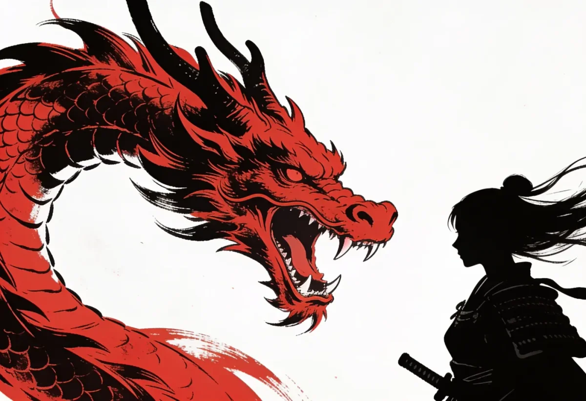 Red dragon and swordsman — Red dragon and swordsman. Expressive illustration, harmonious colors, a clear focal point and carefully arranged details. Create a new interpretation…