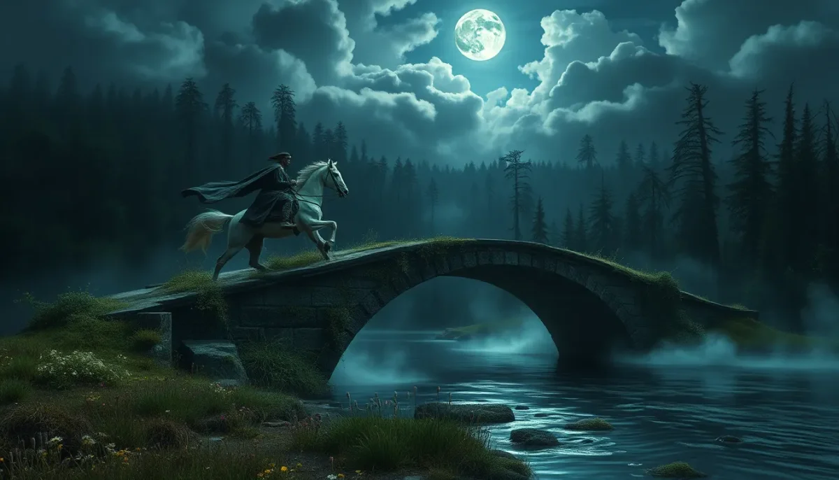 Moonlit rider crossing a stone bridge — Moonlit rider crossing a stone bridge. Expressive illustration, harmonious colors, a clear focal point and carefully arranged details.…