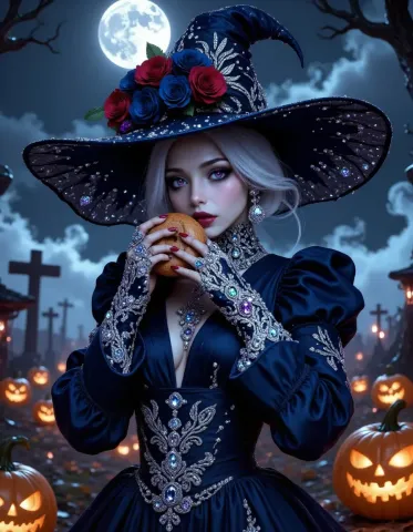 Moonlit star patterned witch hat — Moonlit star patterned witch hat. An imaginative character study with distinctive materials, expressive posture and cinematic lighting. Create…