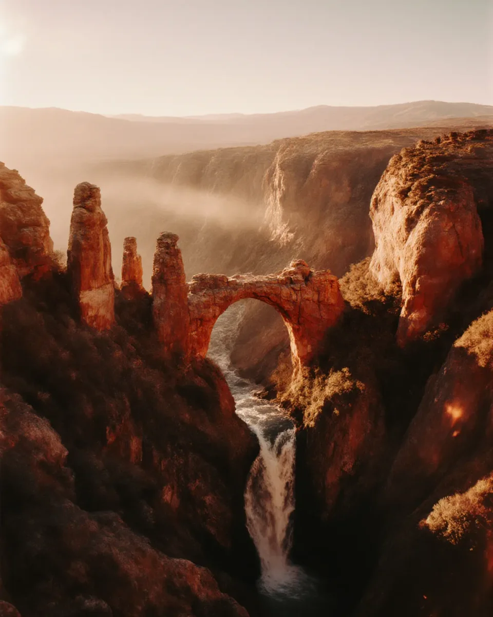 Desert stone arch — A natural sandstone arch bridging a deep red canyon at sunrise, golden haze and dramatic rock formations.