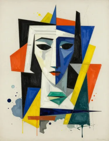 Geometric face — An abstract geometric face made of angular white blue yellow and orange shapes, textured paper collage.