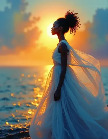 Blue dress at sunset — Blue dress at sunset. Natural photographic detail, balanced composition, expressive light and clear subject separation. Create a new interpretation…