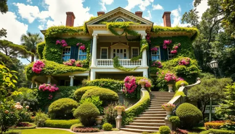 Green garden manor — Green garden manor. An atmospheric environment with layered depth, coherent lighting and rich environmental detail. Create a new interpretation, without…