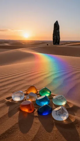 Desert glass colors — Translucent colorful glass pebbles on fine desert sand, a rainbow reflection leading toward a distant monolith, golden sunset and sculptural still-life…