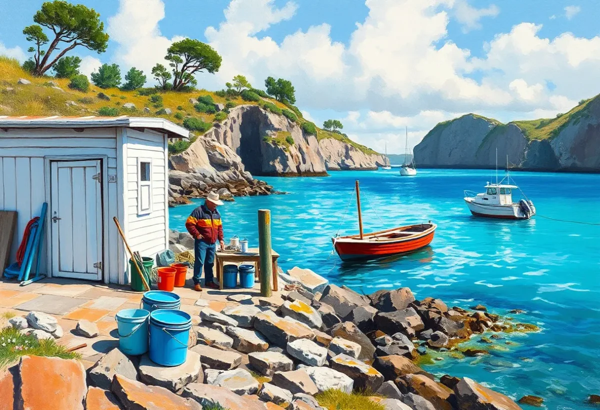 Painted turquoise fishing harbor — Painted turquoise fishing harbor. An atmospheric environment with layered depth, coherent lighting and rich environmental detail. Create a new…