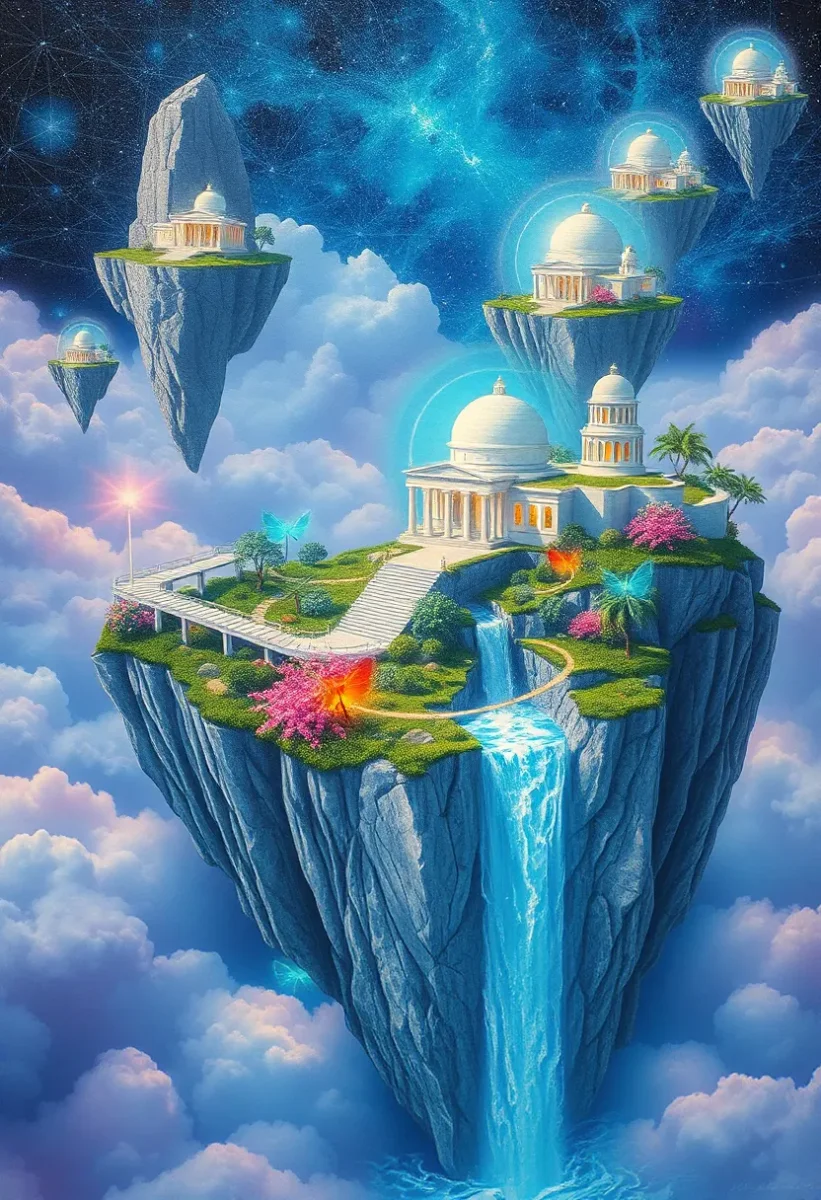 Floating gardens in a cosmic sky — Floating gardens in a cosmic sky. An atmospheric environment with layered depth, coherent lighting and rich environmental detail. Create a new…