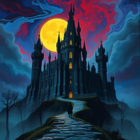 Castle below a swirling moon — Castle below a swirling moon. Expressive illustration, harmonious colors, a clear focal point and carefully arranged details. Create a new…