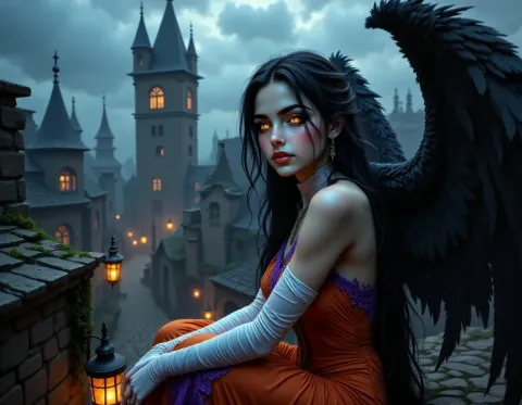 Dark winged figure above a castle — Dark winged figure above a castle. An imaginative character study with distinctive materials, expressive posture and cinematic lighting.…