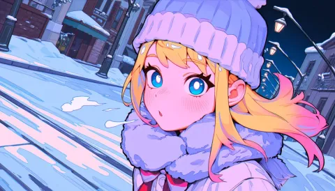 Winter anime stroll — An original anime character in a lavender knitted hat and scarf on a snowy street, bright blue eyes and pastel colors.