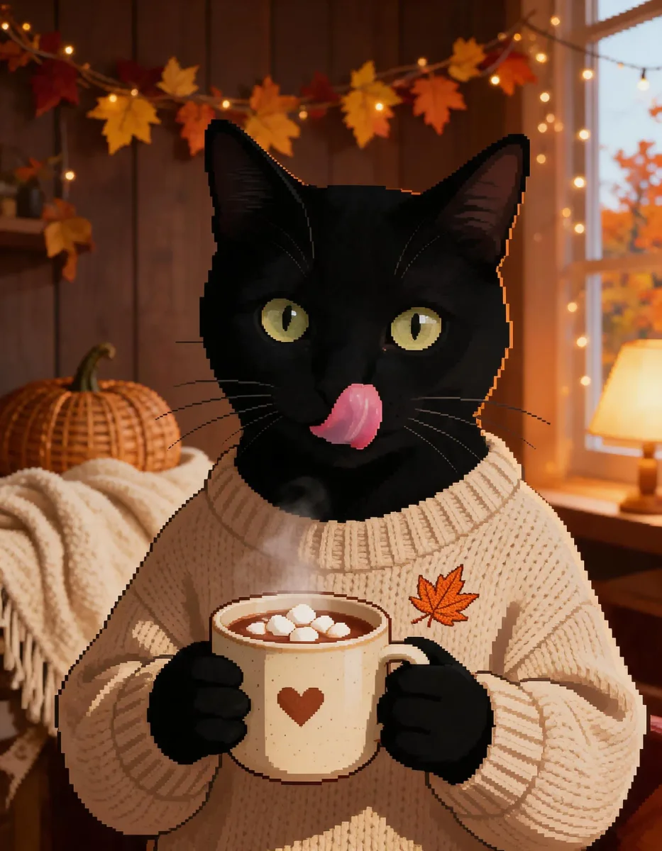 Autumn cocoa cat — A black cat in a cream knitted sweater holding a mug of cocoa, autumn leaves and cozy window light.