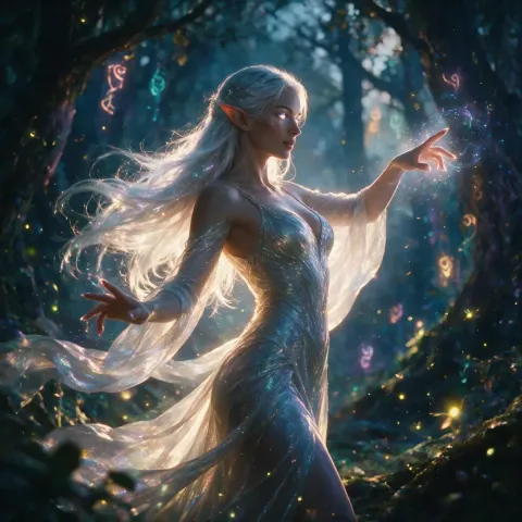 Silver haired forest sorceress — Silver haired forest sorceress. An imaginative character study with distinctive materials, expressive posture and cinematic lighting. Create a…
