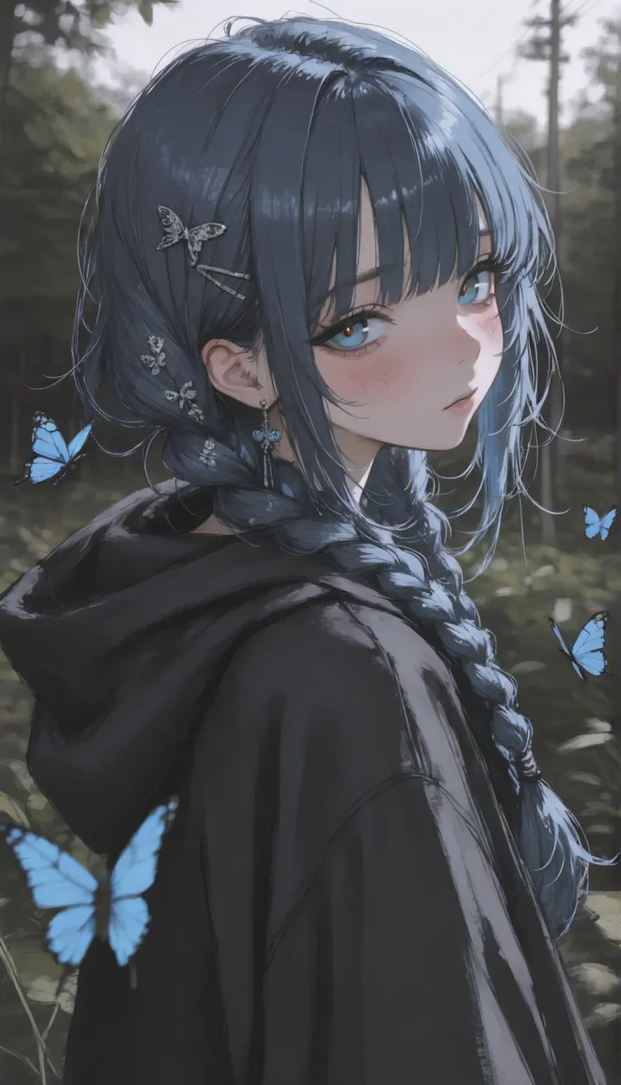 Blue butterfly traveler — An original dark-haired anime traveler surrounded by blue butterflies in a quiet forest, muted colors.