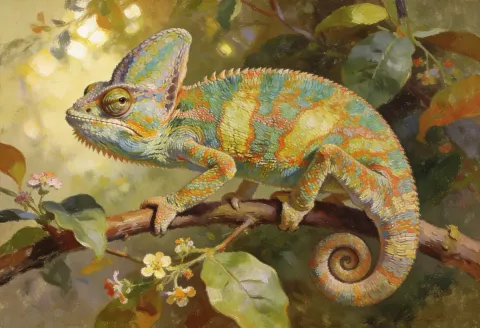 Golden chameleon — A chameleon with orange and turquoise scales on a flowering branch, warm botanical illustration.