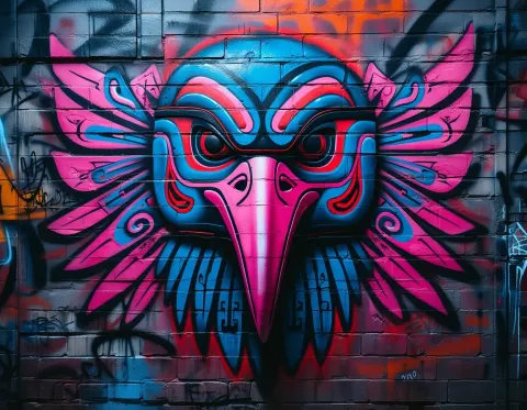 Neon bird mask graffiti — Neon bird mask graffiti. Expressive illustration, harmonious colors, a clear focal point and carefully arranged details. Create a new interpretation…
