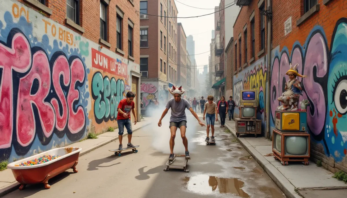 Skateboarders in a graffiti alley — Skateboarders in a graffiti alley. Natural photographic detail, balanced composition, expressive light and clear subject separation. Create a…