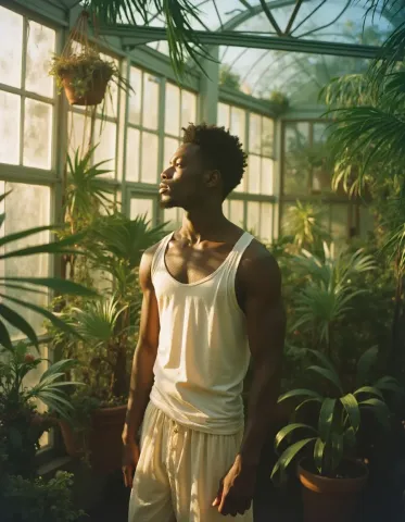 Sunlit greenhouse portrait — Sunlit greenhouse portrait. Natural photographic detail, balanced composition, expressive light and clear subject separation. Create a new…