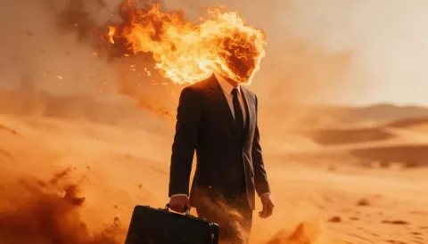 Burning thoughts — A suited figure with a flaming head carrying a briefcase across orange desert dunes, surreal cinematic composition.