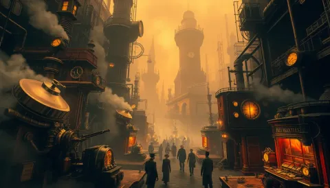 Golden steam powered city — Golden steam powered city. An atmospheric environment with layered depth, coherent lighting and rich environmental detail. Create a new…