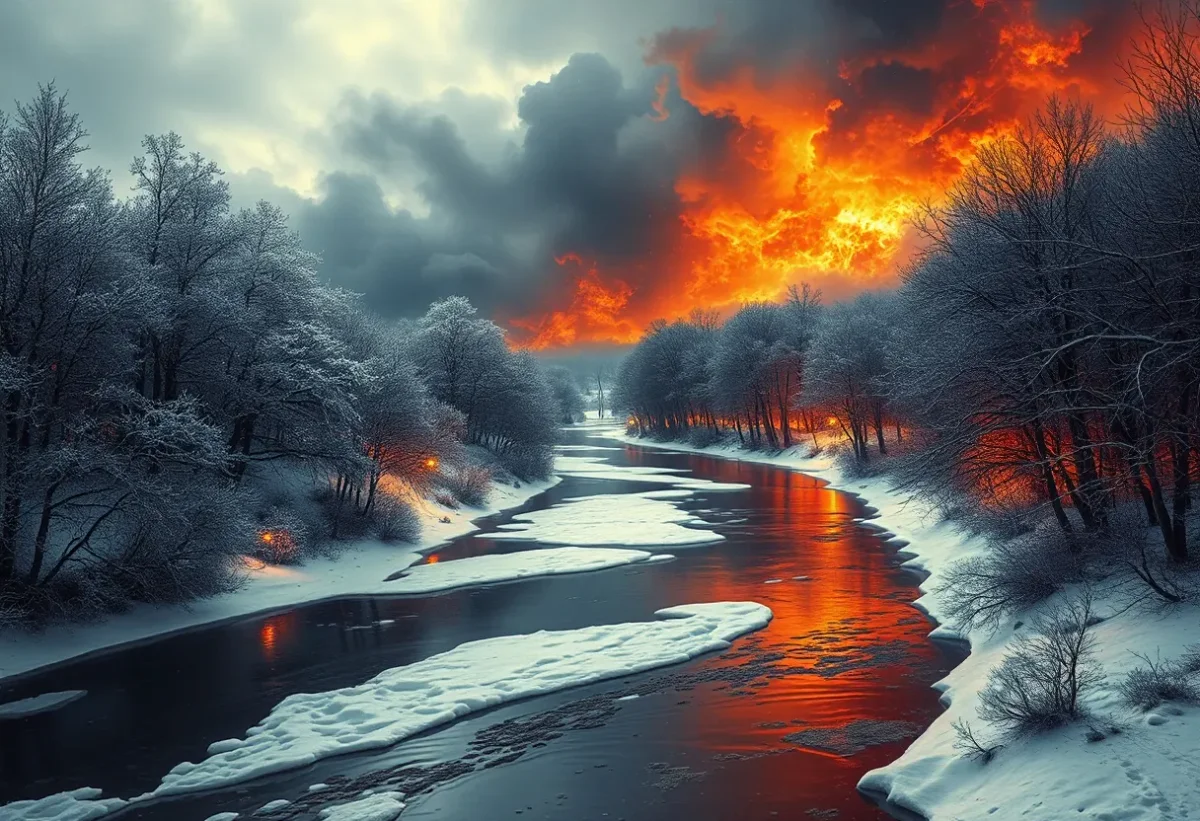 Fiery sunset over a snowy river — Fiery sunset over a snowy river. An atmospheric environment with layered depth, coherent lighting and rich environmental detail. Create a new…
