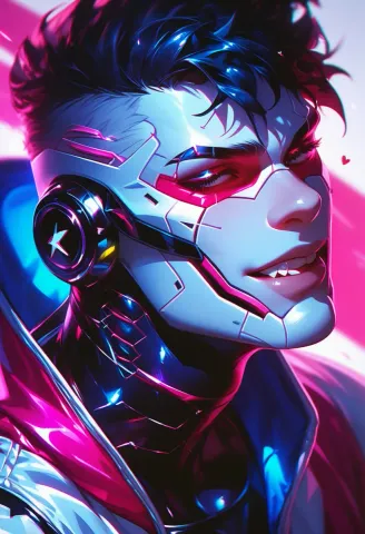 Neon cybernetic face closeup — Neon cybernetic face closeup. Expressive illustration, harmonious colors, a clear focal point and carefully arranged details. Create a new…