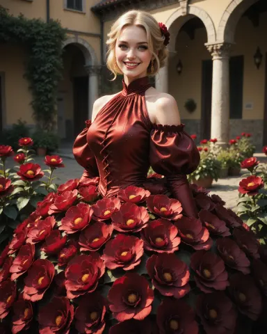 Red rose gown in a courtyard — Red rose gown in a courtyard. Natural photographic detail, balanced composition, expressive light and clear subject separation. Create a new…