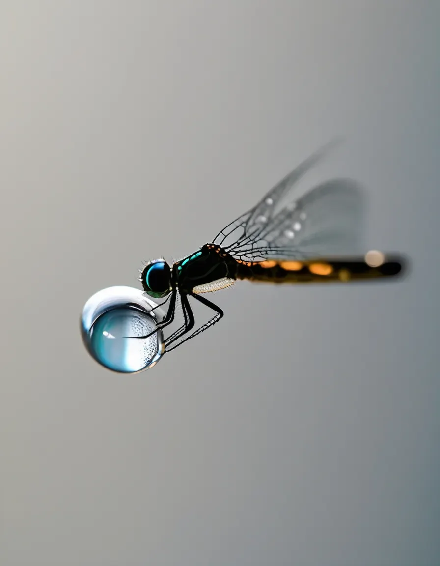 Dragonfly droplet — A delicate dragonfly holding a clear blue water droplet, gray background and precise macro focus.