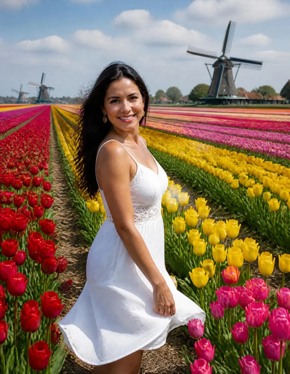 Tulip field and windmill portrait — Tulip field and windmill portrait. Natural photographic detail, balanced composition, expressive light and clear subject separation. Create a…