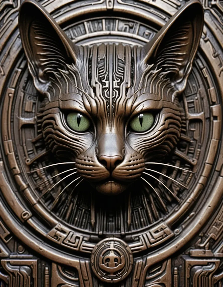 Engraved mechanical cat medallion — Engraved mechanical cat medallion. A carefully composed still life with clear material textures, controlled lighting and a clean focal point.…