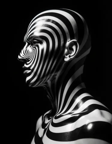Optical stripe sculpture — A surreal monochrome sculpture of a human head covered in flowing black and white optical stripes, sculptural contours, polished surface, dramatic side…
