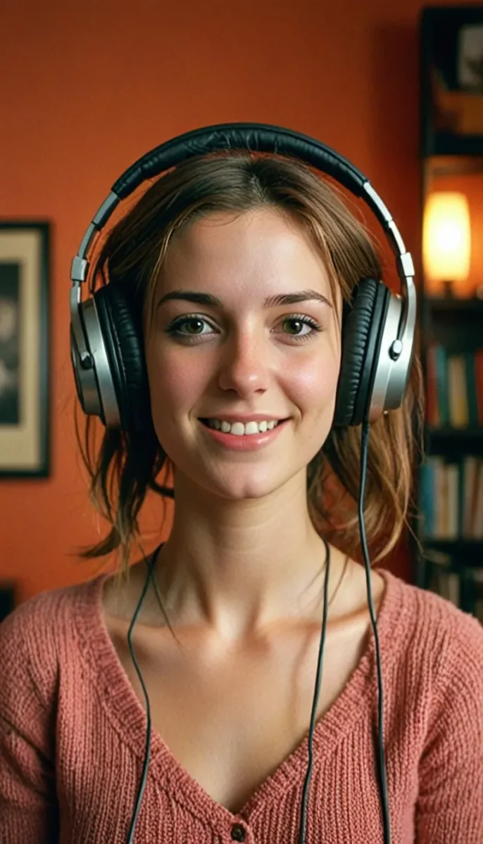 Smiling portrait with headphones — Smiling portrait with headphones. Natural photographic detail, balanced composition, expressive light and clear subject separation. Create a…