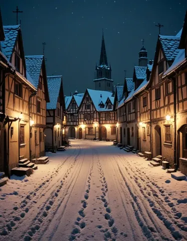 Snowy medieval street at night — Snowy medieval street at night. An atmospheric environment with layered depth, coherent lighting and rich environmental detail. Create a new…