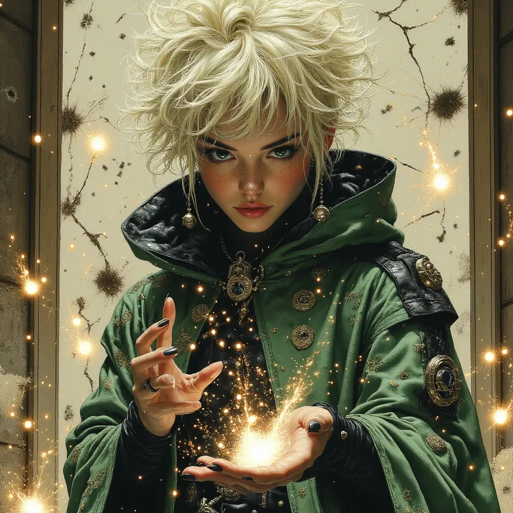 Green cloaked apprentice with sparks — Green cloaked apprentice with sparks. An imaginative character study with distinctive materials, expressive posture and cinematic lighting.…