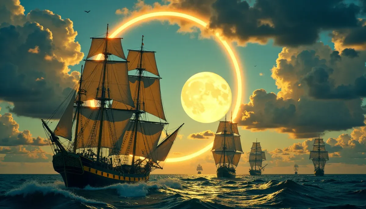 Sailing ships under a golden moon — Sailing ships under a golden moon. An atmospheric environment with layered depth, coherent lighting and rich environmental detail. Create a…