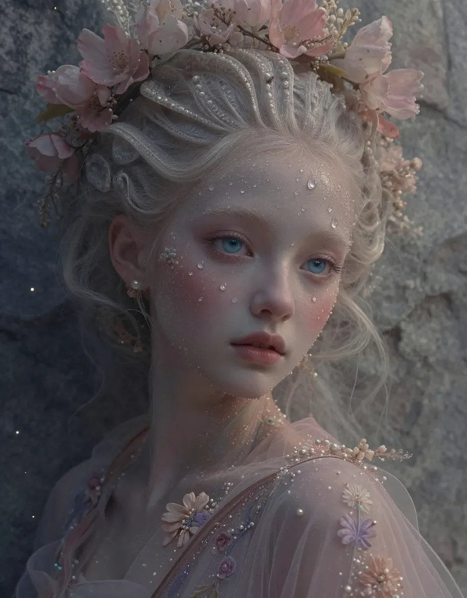 Blossom fairy — An original pale-haired fairy with a delicate pink flower crown and glittering details, muted dreamlike background.