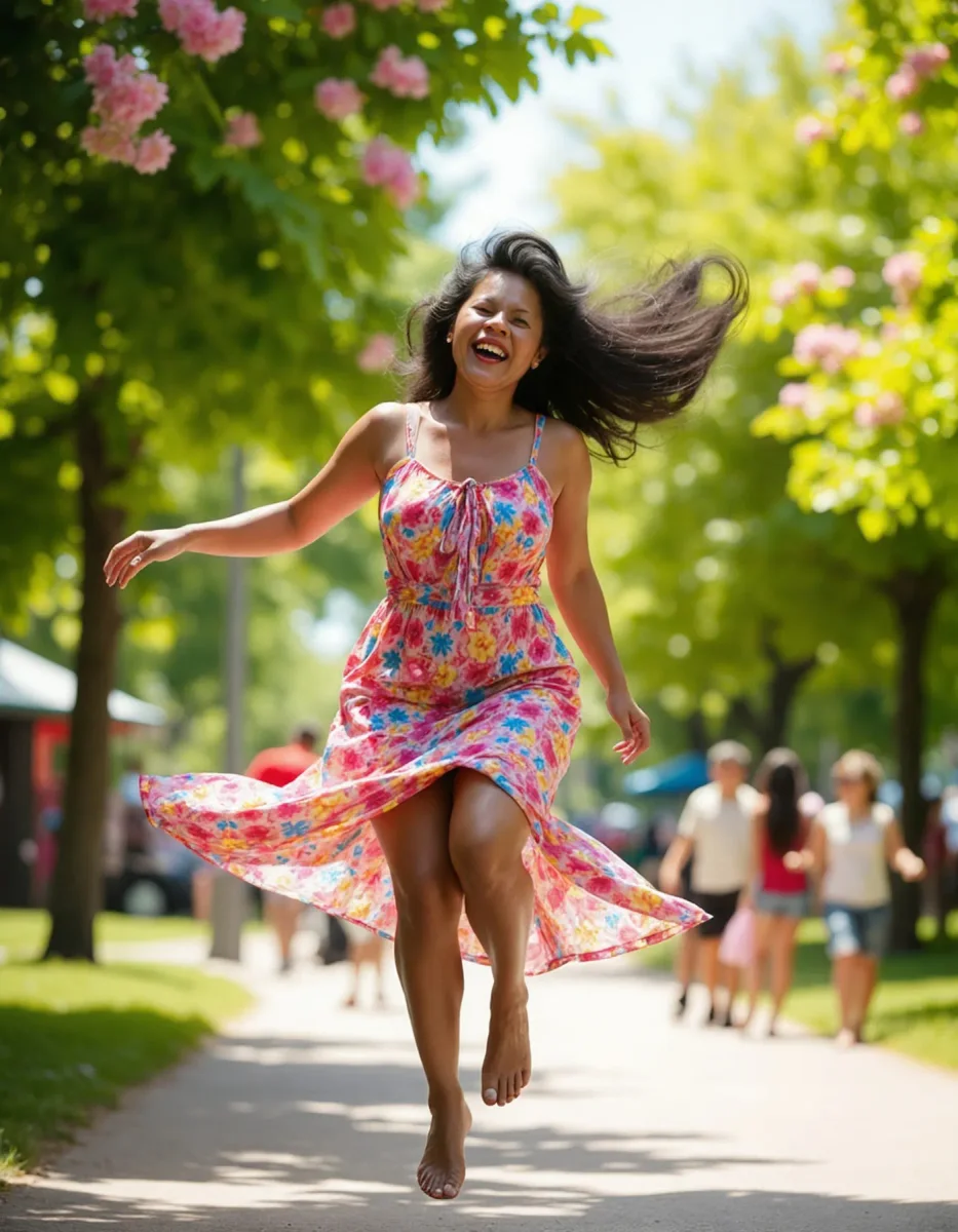 Joyful floral dress in a sunny park — Joyful floral dress in a sunny park. Natural photographic detail, balanced composition, expressive light and clear subject separation.…
