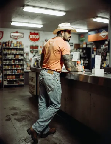 Cowboy at a country store — Cowboy at a country store. Natural photographic detail, balanced composition, expressive light and clear subject separation. Create a new…