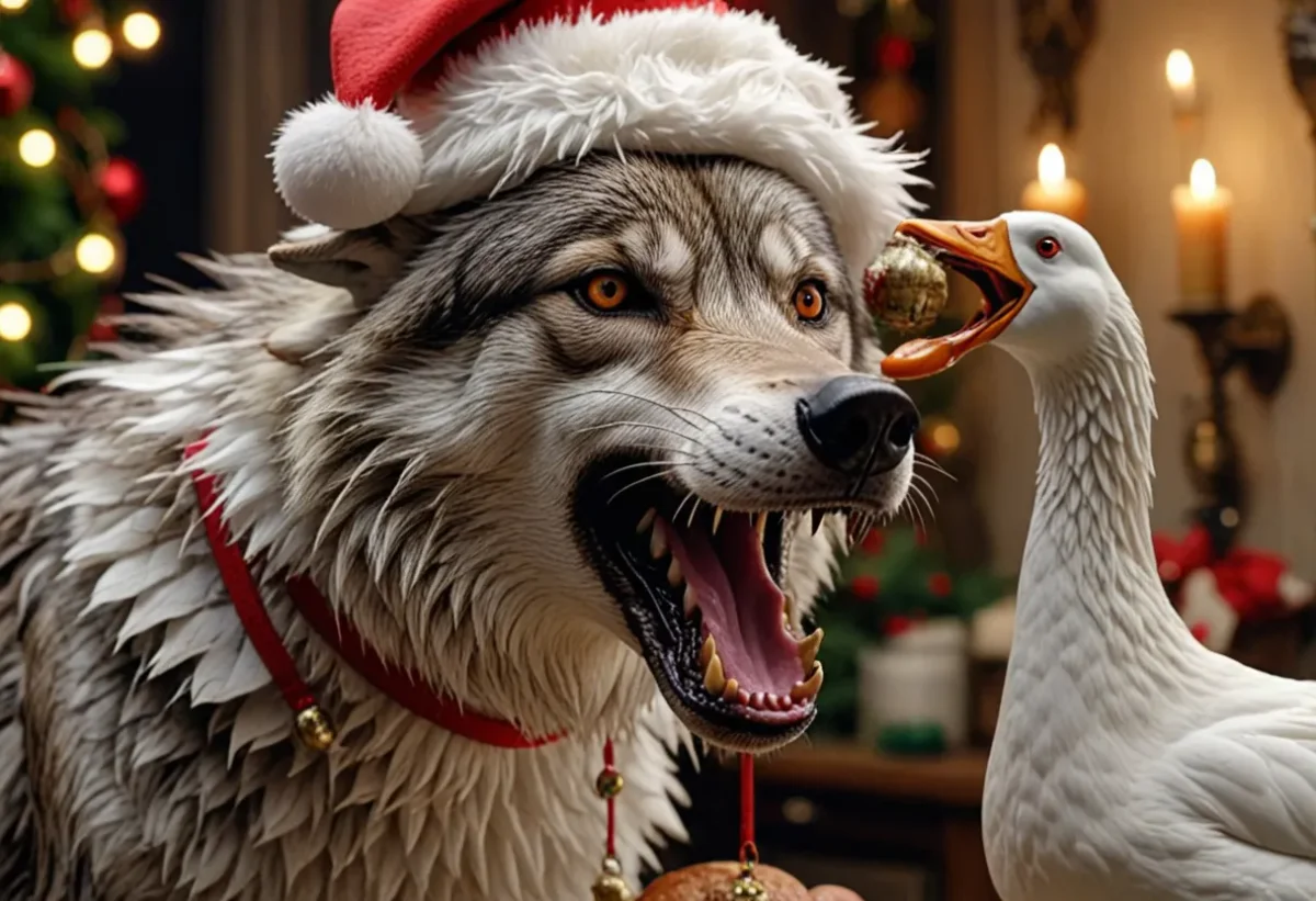Christmas wolf and goose — Christmas wolf and goose. Expressive illustration, harmonious colors, a clear focal point and carefully arranged details. Create a new interpretation…