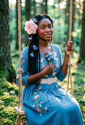 Forest swing portrait — A smiling adult woman in a flowing blue dress sitting on a rope swing in a sunlit forest, flowers woven into braided hair, soft green bokeh, natural…