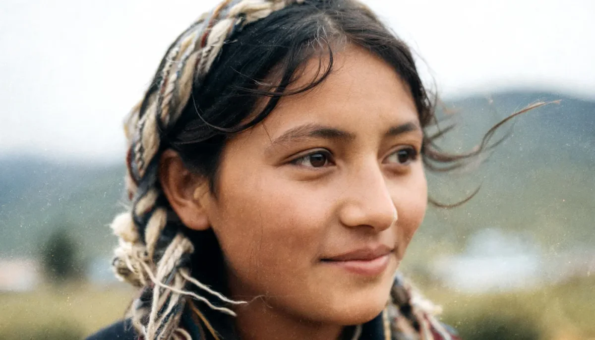 Windblown portrait — A natural outdoor portrait with windblown dark hair, soft cloudy daylight and distant rolling hills.