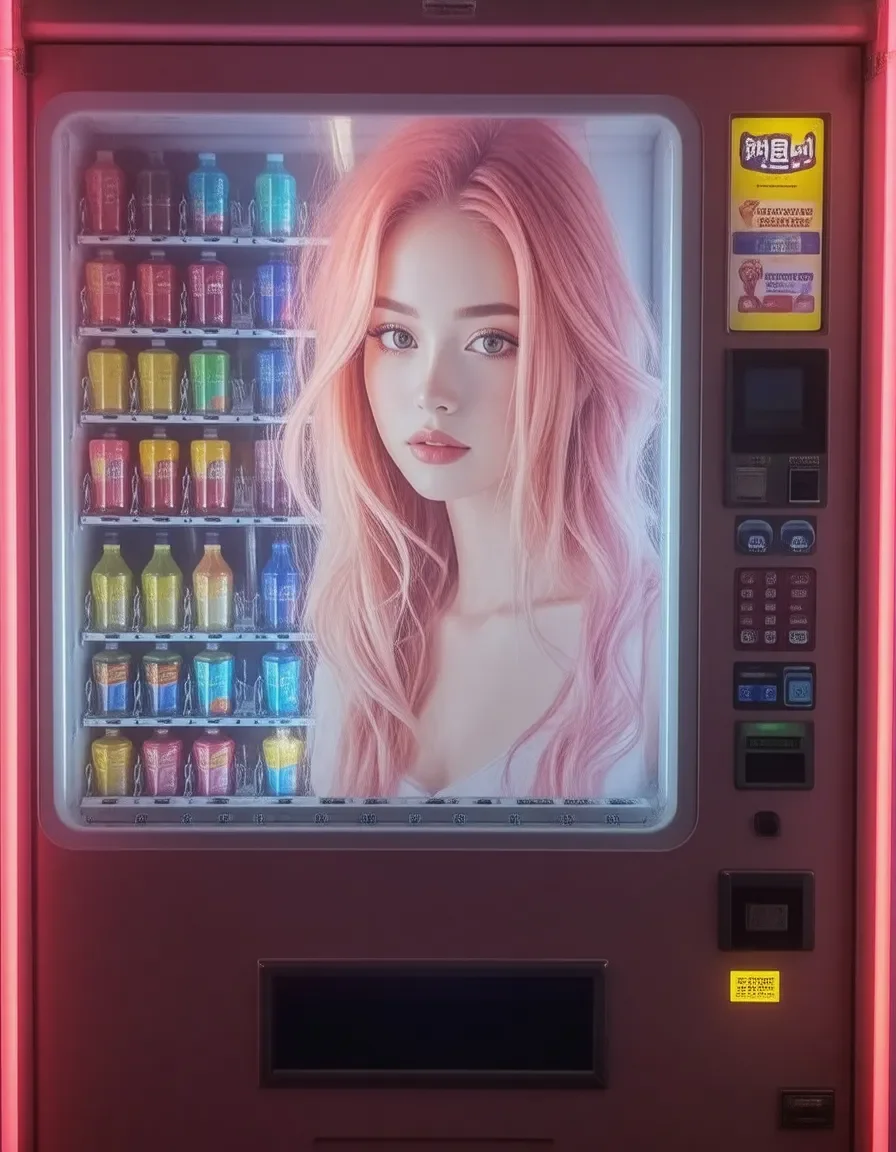 Pink portrait in a vending machine — Pink portrait in a vending machine. Expressive illustration, harmonious colors, a clear focal point and carefully arranged details. Create a…