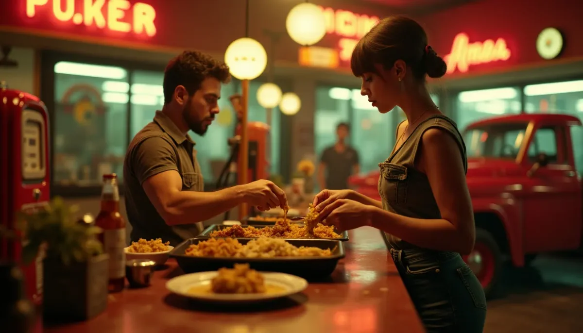 Dinner in a colorful night diner — Dinner in a colorful night diner. Natural photographic detail, balanced composition, expressive light and clear subject separation. Create a…