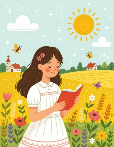 Reading in a sunny flower field — Reading in a sunny flower field. Expressive illustration, harmonious colors, a clear focal point and carefully arranged details. Create a new…