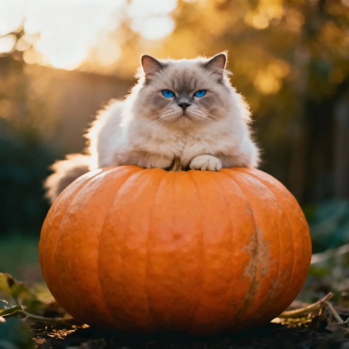 Fluffy cat on a pumpkin — Fluffy cat on a pumpkin. An expressive animal portrait, detailed fur or surface texture, a clear focal point and harmonious surroundings. Create a new…