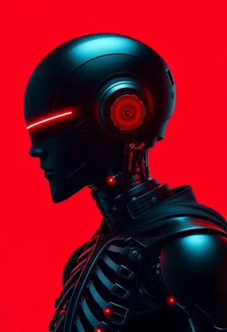 Black robot with a red visor — Black robot with a red visor. An imaginative character study with distinctive materials, expressive posture and cinematic lighting. Create a new…