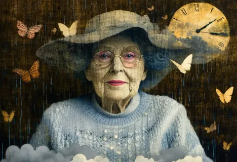 Keeper of time — An elderly woman in a blue hat among butterflies, clouds and an antique clock, layered dreamlike mixed media.