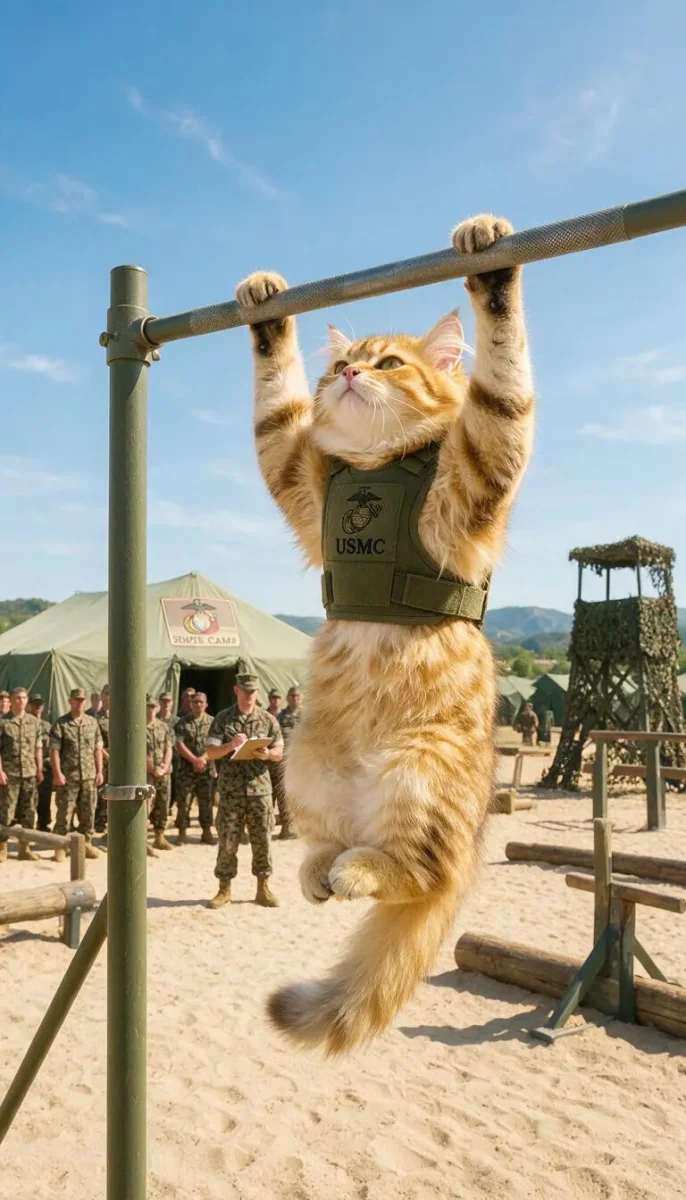 Athletic tabby — An orange tabby doing pull-ups on an outdoor bar, sunny training ground, playful realistic animal scene.