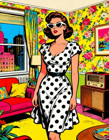 Polka dot dress pop art — Polka dot dress pop art. Expressive illustration, harmonious colors, a clear focal point and carefully arranged details. Create a new interpretation…